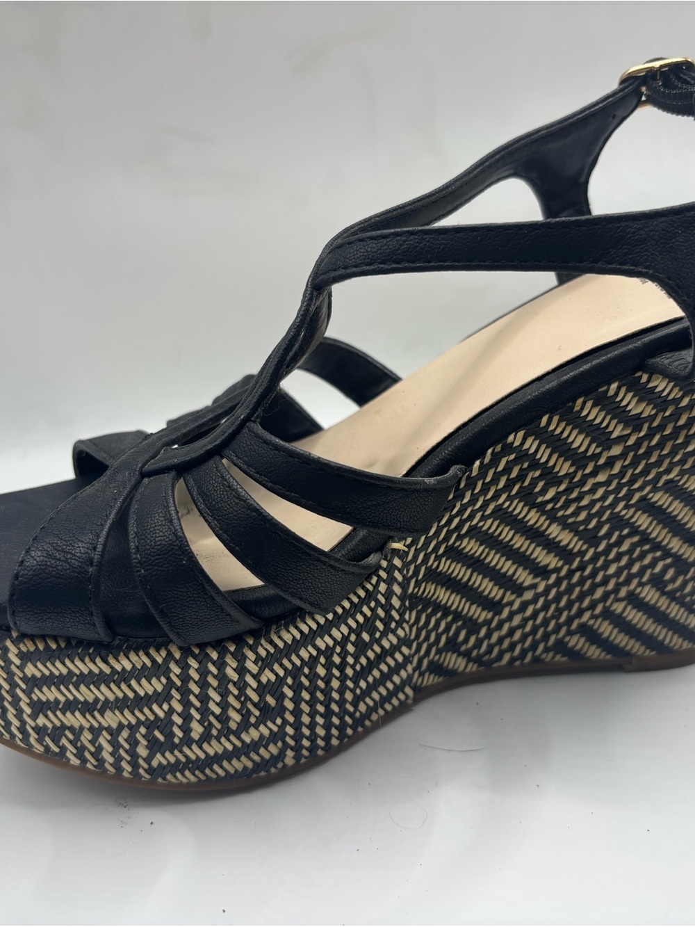 Fergalicious Black Strappy Woven-Platform Wedge Sandals